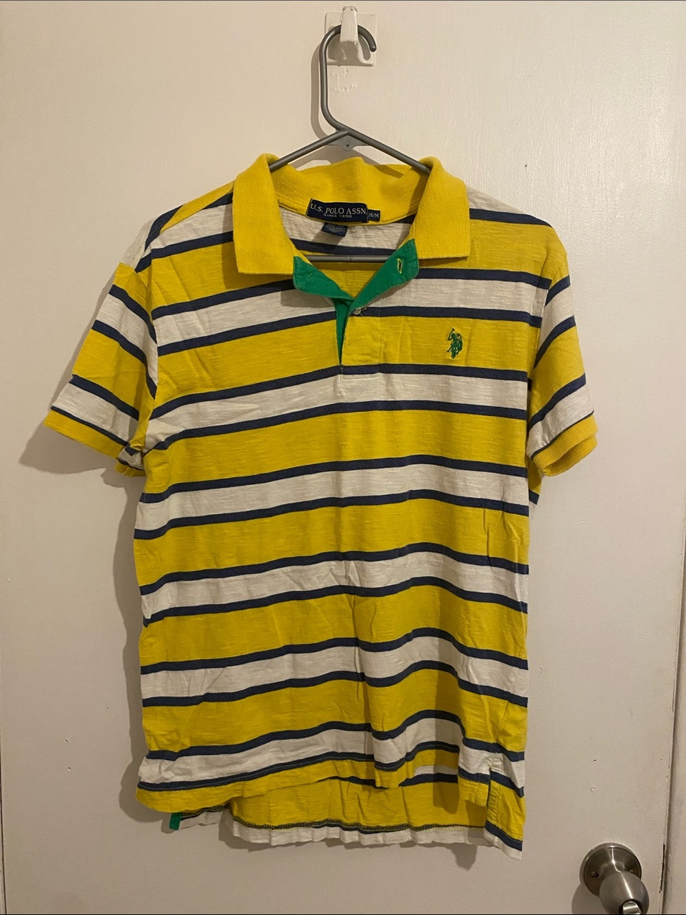 U.S. Polo Assn. Yellow Navy White Striped Polo with Green Accent